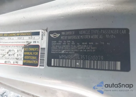 2005 Mini Cooper z USA, uszkodzony, nr VIN WMWRF33435TG10079
